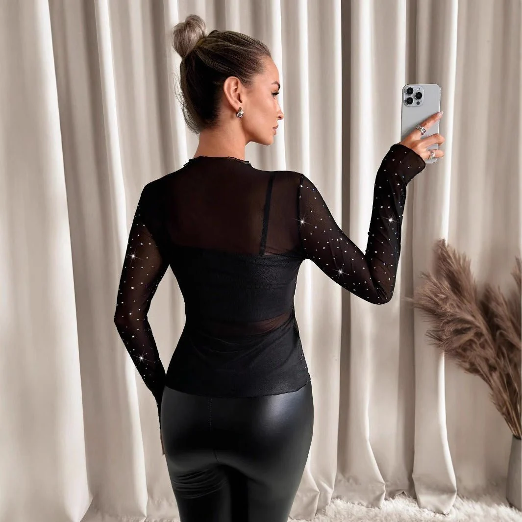 Women's small stand-up collar long-sleeved mesh sand transparent rhinestone decorative T-shirt top - Image 2