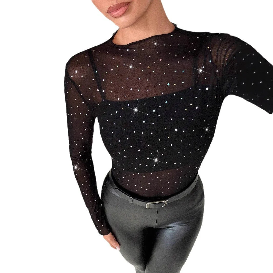 Women's small stand-up collar long-sleeved mesh sand transparent rhinestone decorative T-shirt top - Image 5