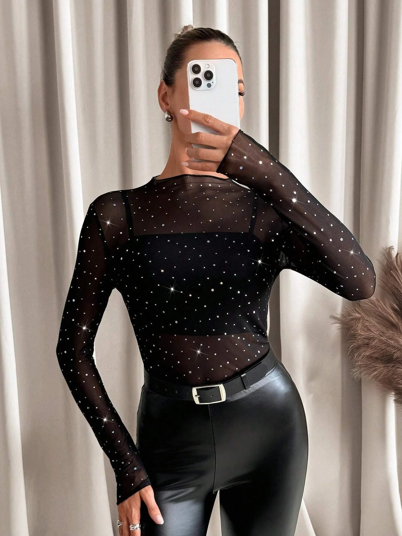 Women's small stand-up collar long-sleeved mesh sand transparent rhinestone decorative T-shirt top - Image 6