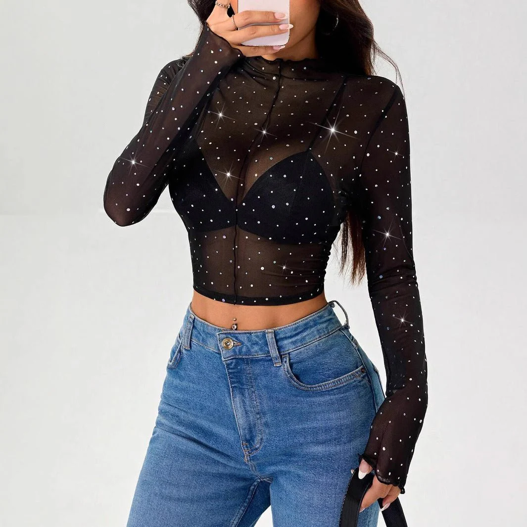 Women's small stand-up collar long-sleeved mesh transparent sequin decorative T-shirt