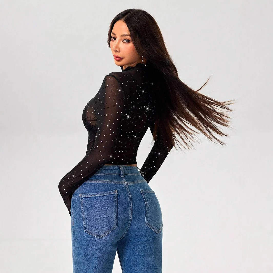Women's small stand-up collar long-sleeved mesh transparent sequin decorative T-shirt - Image 2