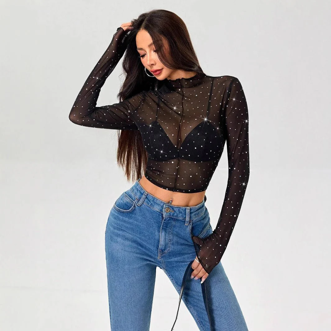 Women's small stand-up collar long-sleeved mesh transparent sequin decorative T-shirt - Image 4