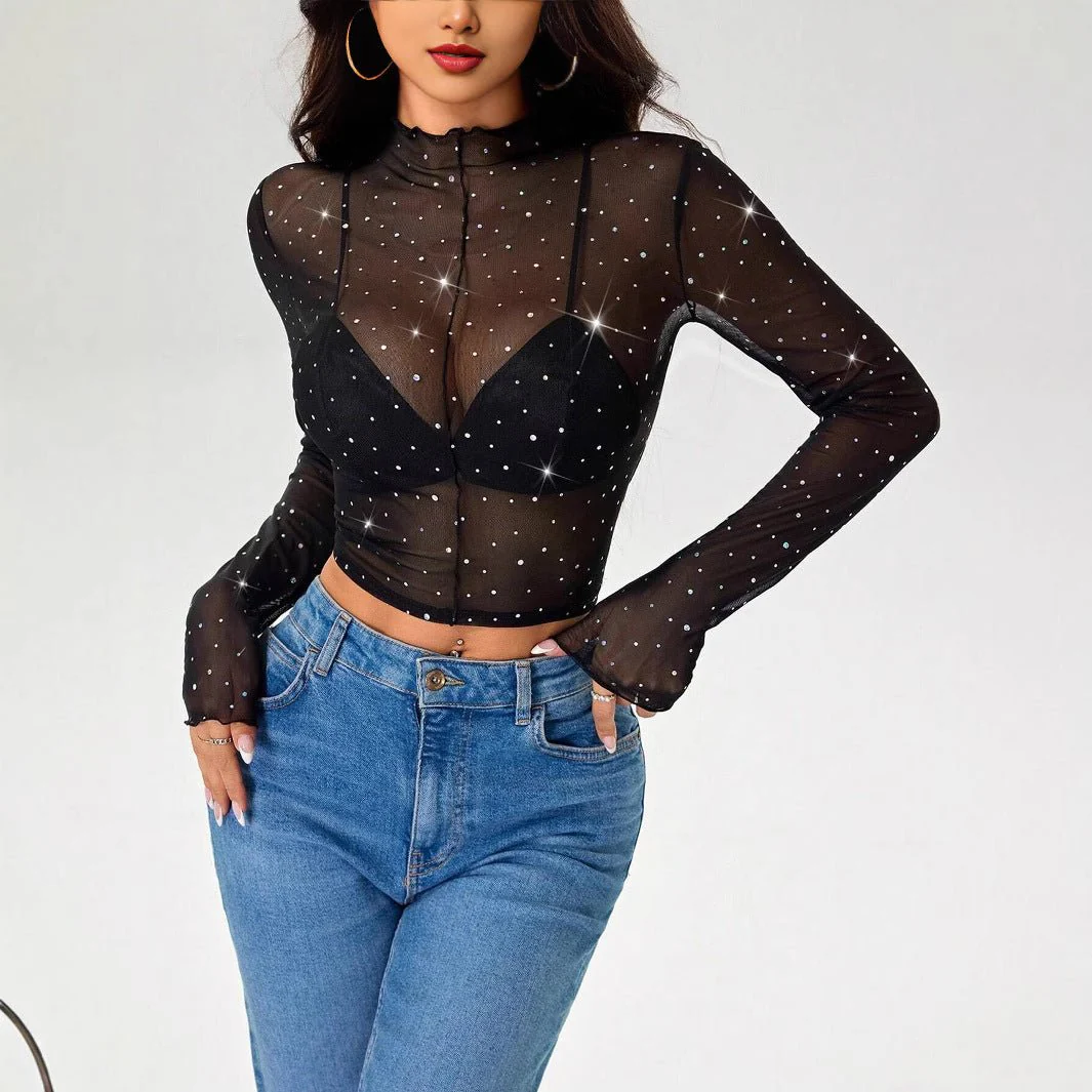 Women's small stand-up collar long-sleeved mesh transparent sequin decorative T-shirt - Image 5