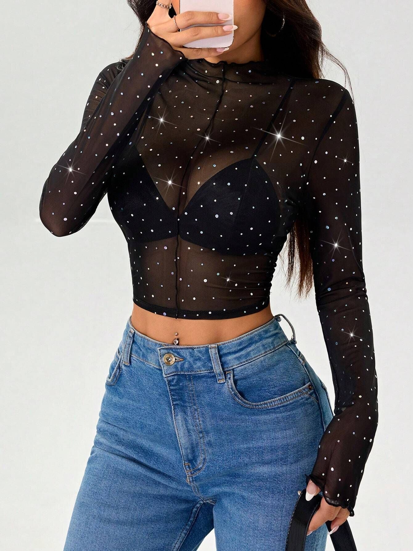 Women's small stand-up collar long-sleeved mesh transparent sequin decorative T-shirt - Image 6