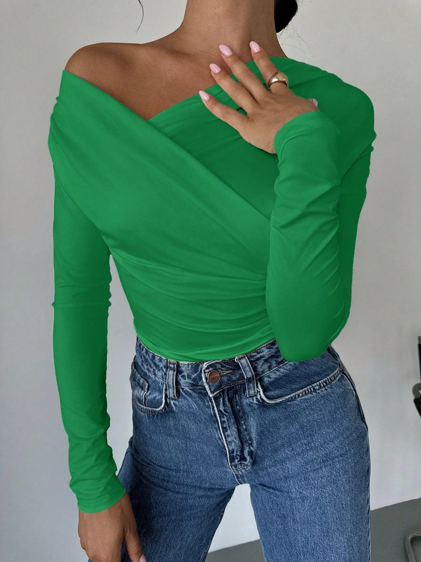 Women's Solid Color Asymmetrical Collar Wrap T-Shirt - Image 10