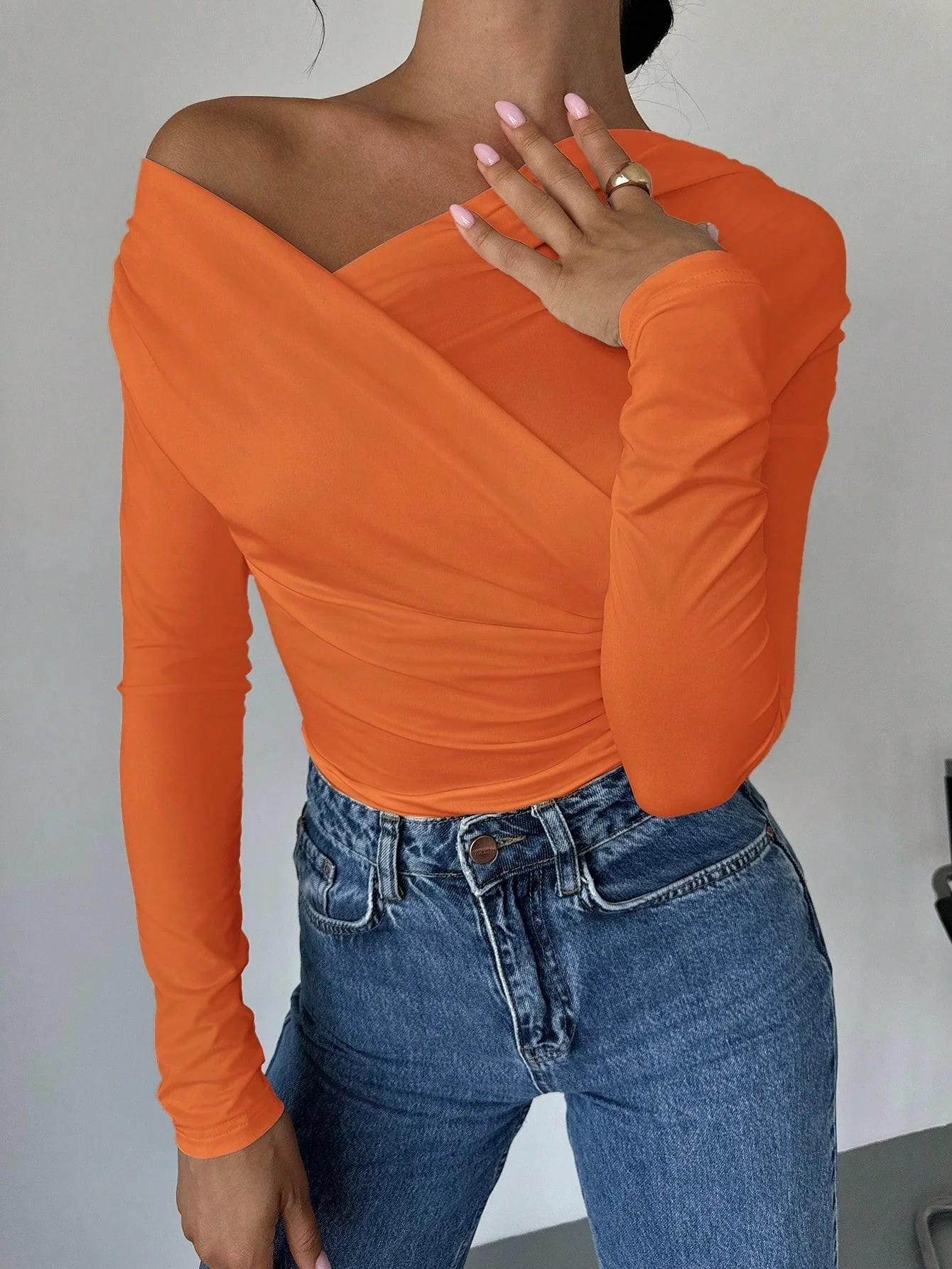 Women's Solid Color Asymmetrical Collar Wrap T-Shirt - Image 11