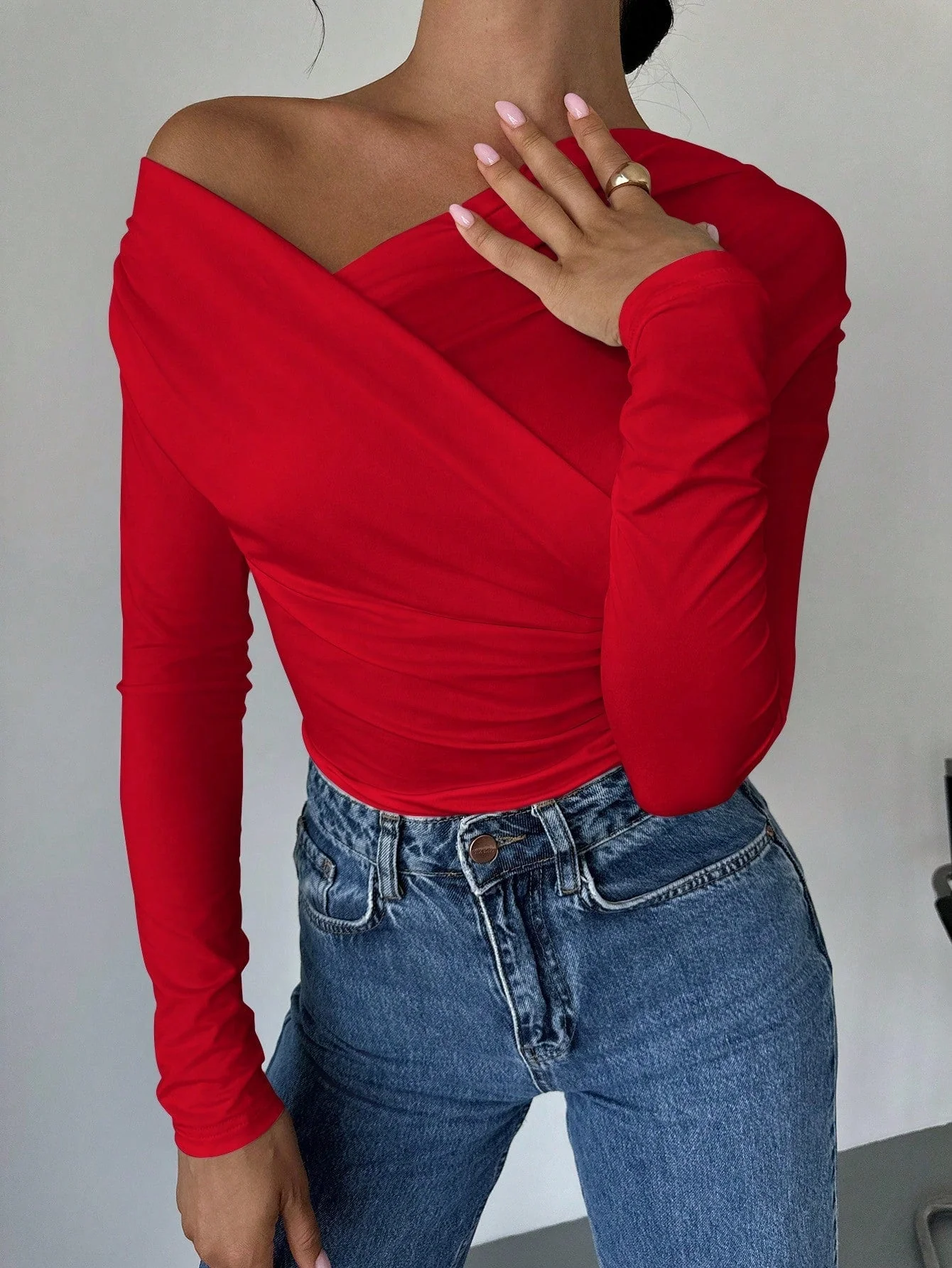 Women's Solid Color Asymmetrical Collar Wrap T-Shirt - Image 12