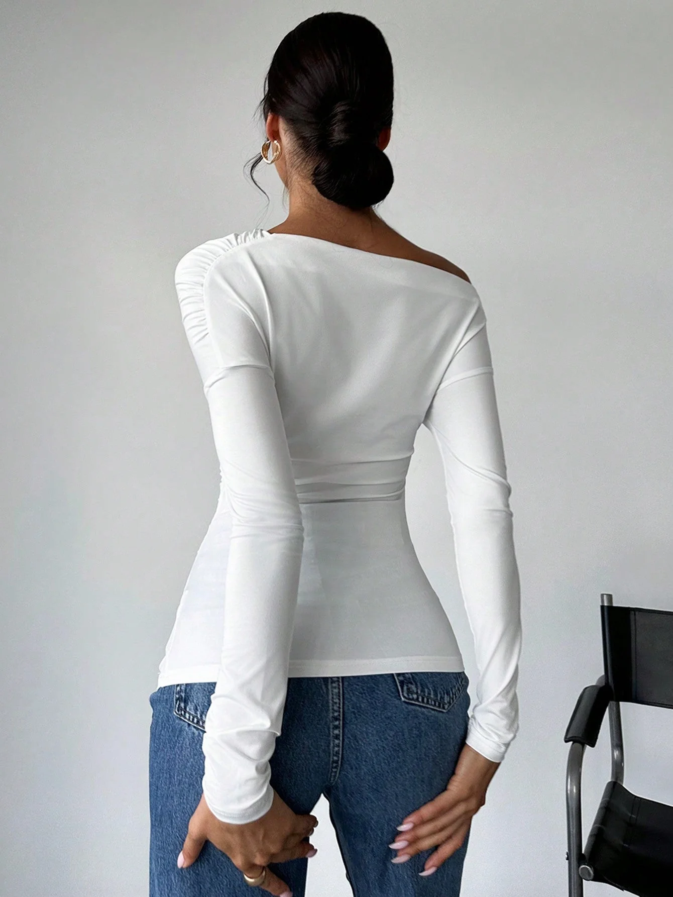 Women's Solid Color Asymmetrical Collar Wrap T-Shirt - Image 5