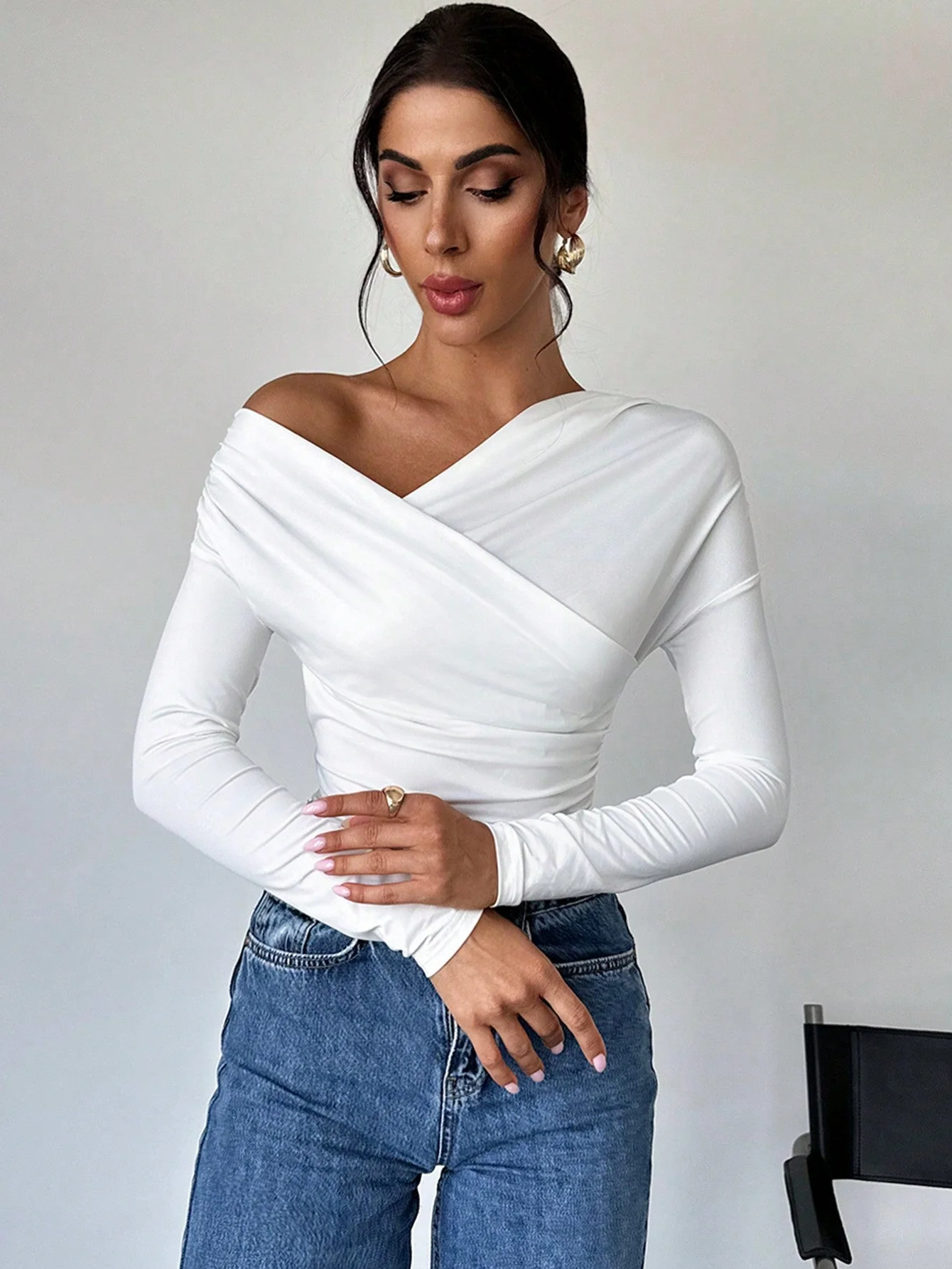 Women's Solid Color Asymmetrical Collar Wrap T-Shirt - Image 6