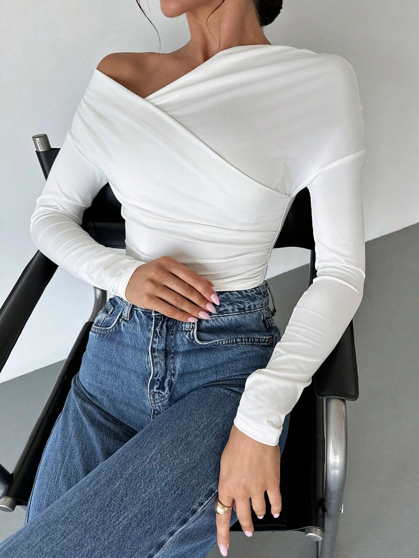 Women's Solid Color Asymmetrical Collar Wrap T-Shirt - Image 7
