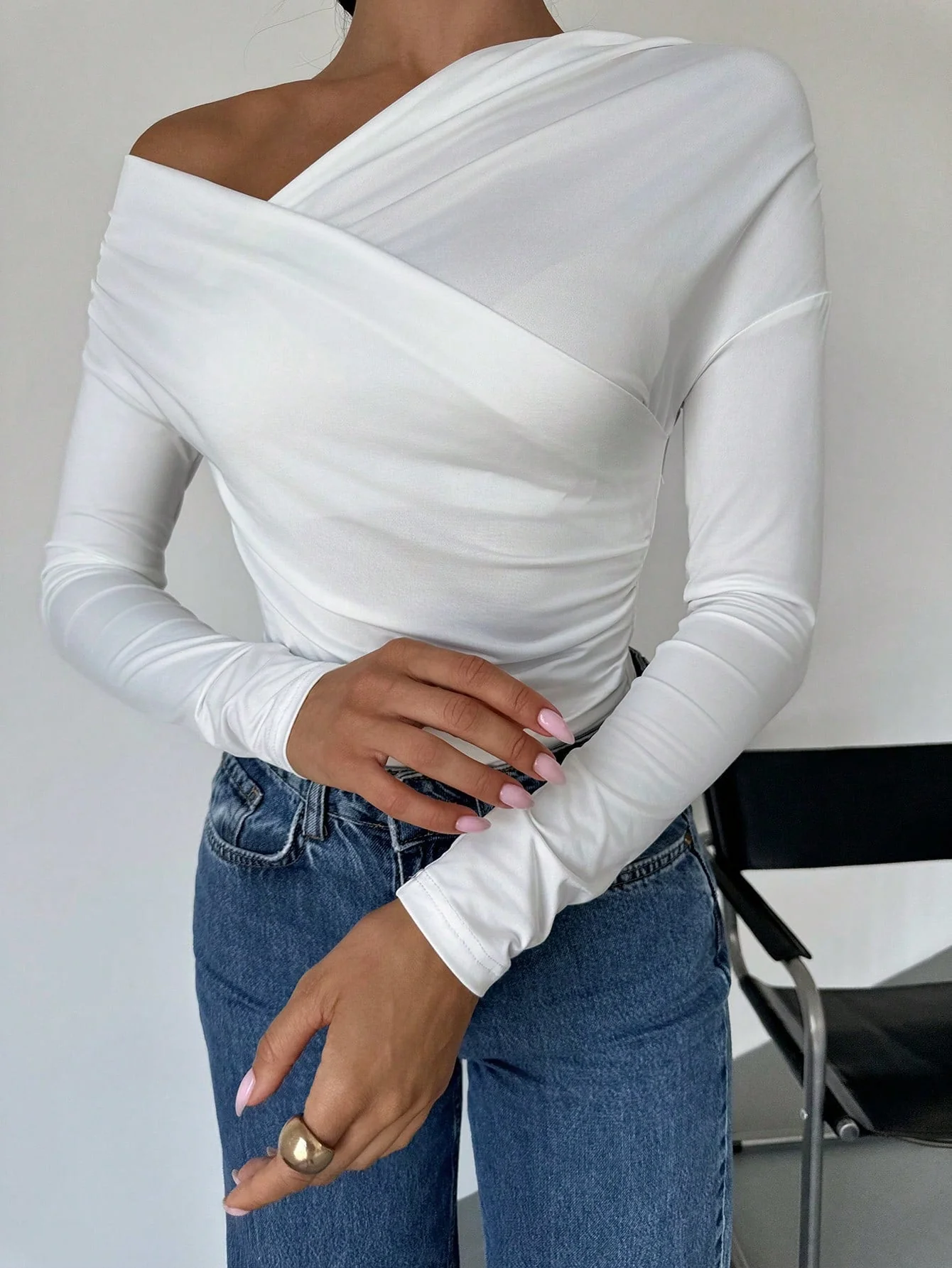 Women's Solid Color Asymmetrical Collar Wrap T-Shirt - Image 8
