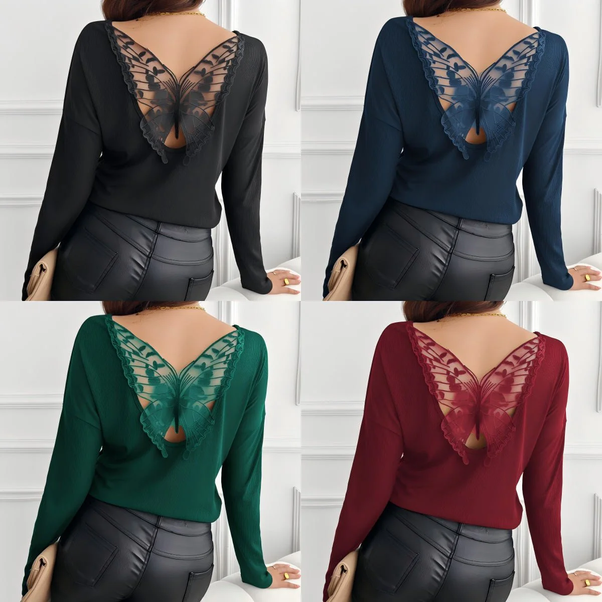 Women's solid color back splicing butterfly ribbed long-sleeved T-shirt top