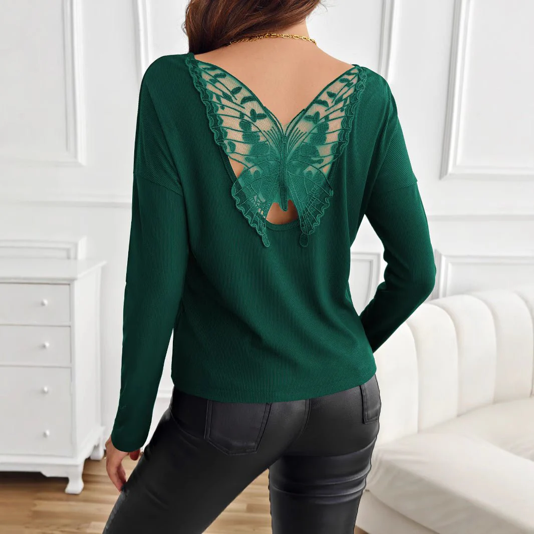 Women's solid color back splicing butterfly ribbed long-sleeved T-shirt top - Image 3