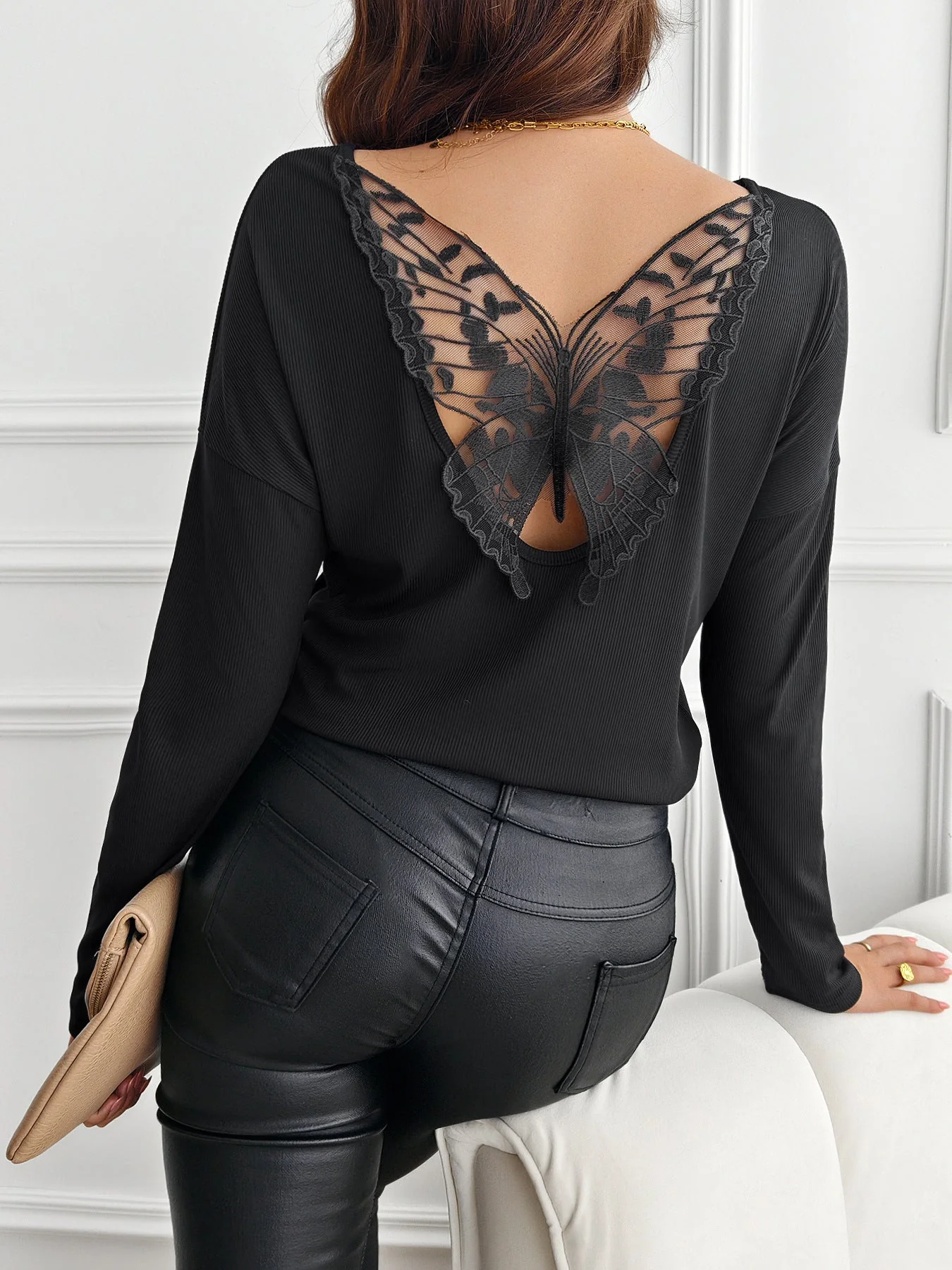 Women's solid color back splicing butterfly ribbed long-sleeved T-shirt top - Image 6