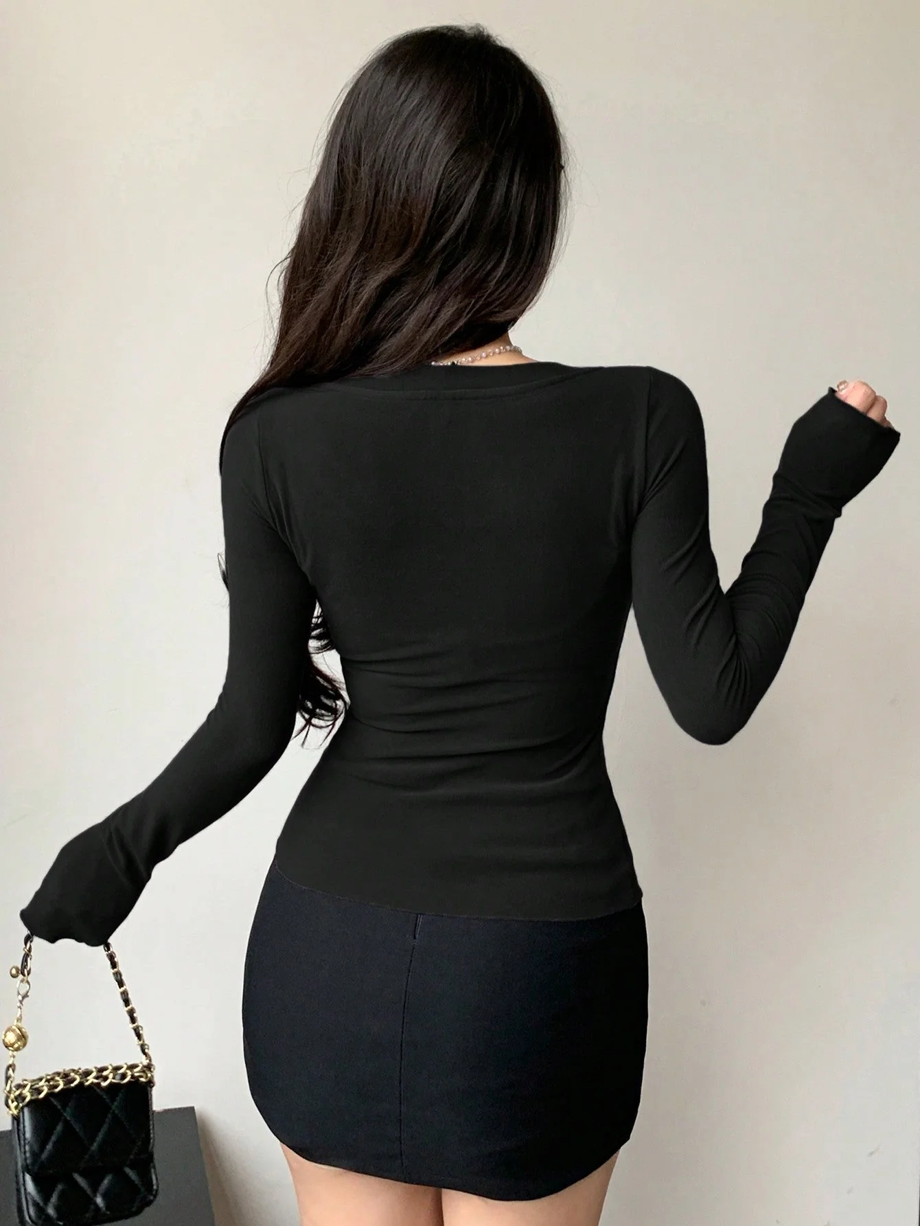 Women's Solid Color Bow Decor V-Neck Long Sleeve Slim Fit T-Shirt - Image 8