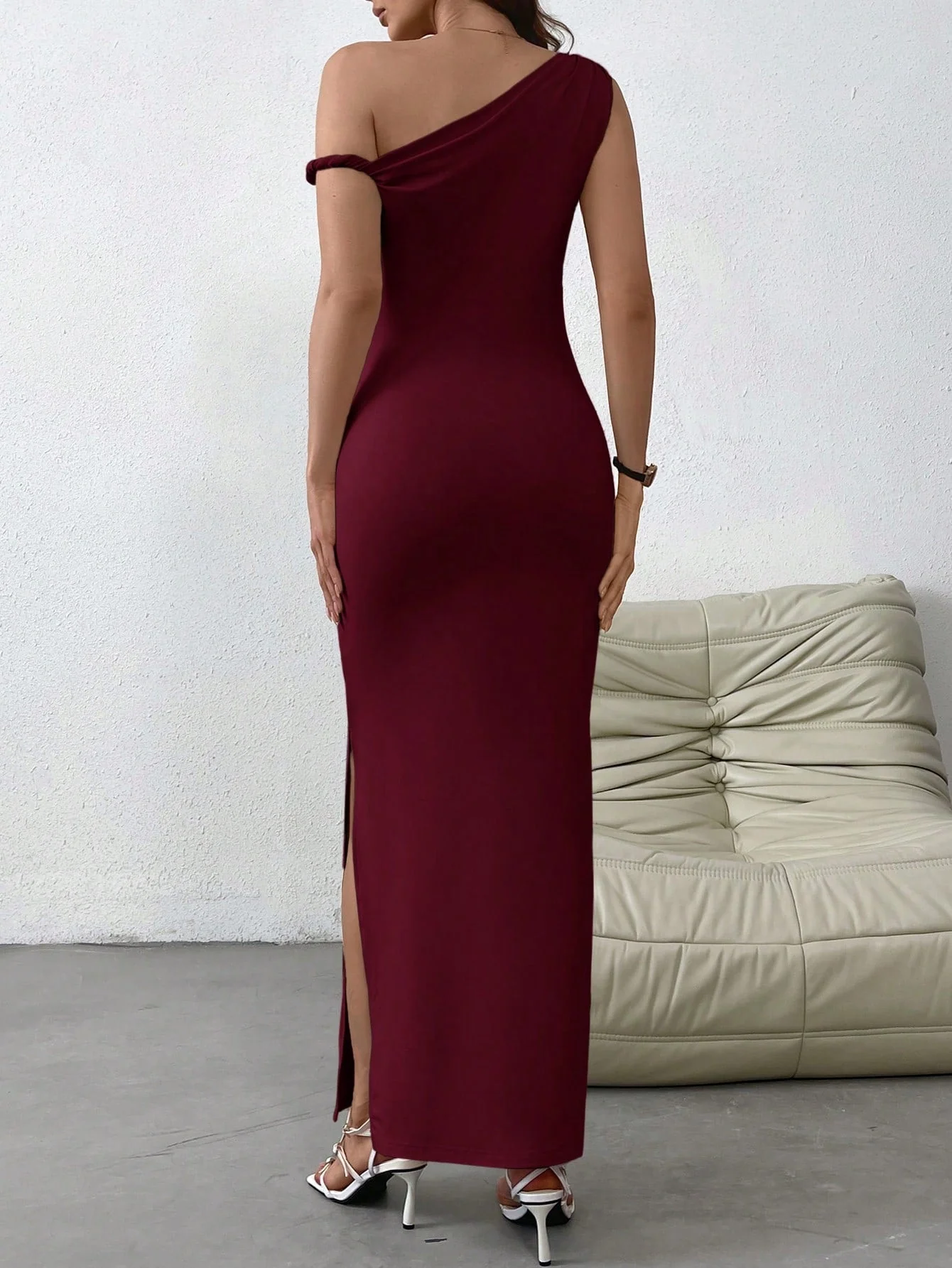 Women's Solid Color Casual Open Slit Oblique Shoulder Knit Dress - Image 3