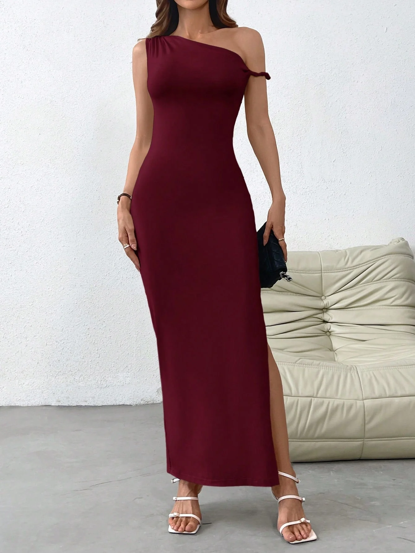 Women's Solid Color Casual Open Slit Oblique Shoulder Knit Dress - Image 5