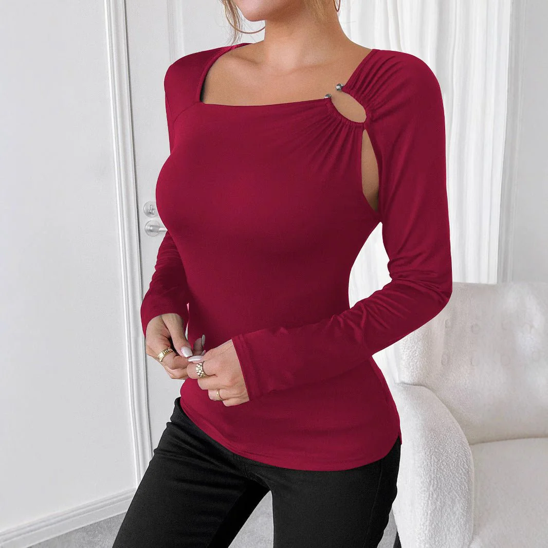 Women's solid color casual square collar fashion slim long-sleeved T-shirt top women - Image 2