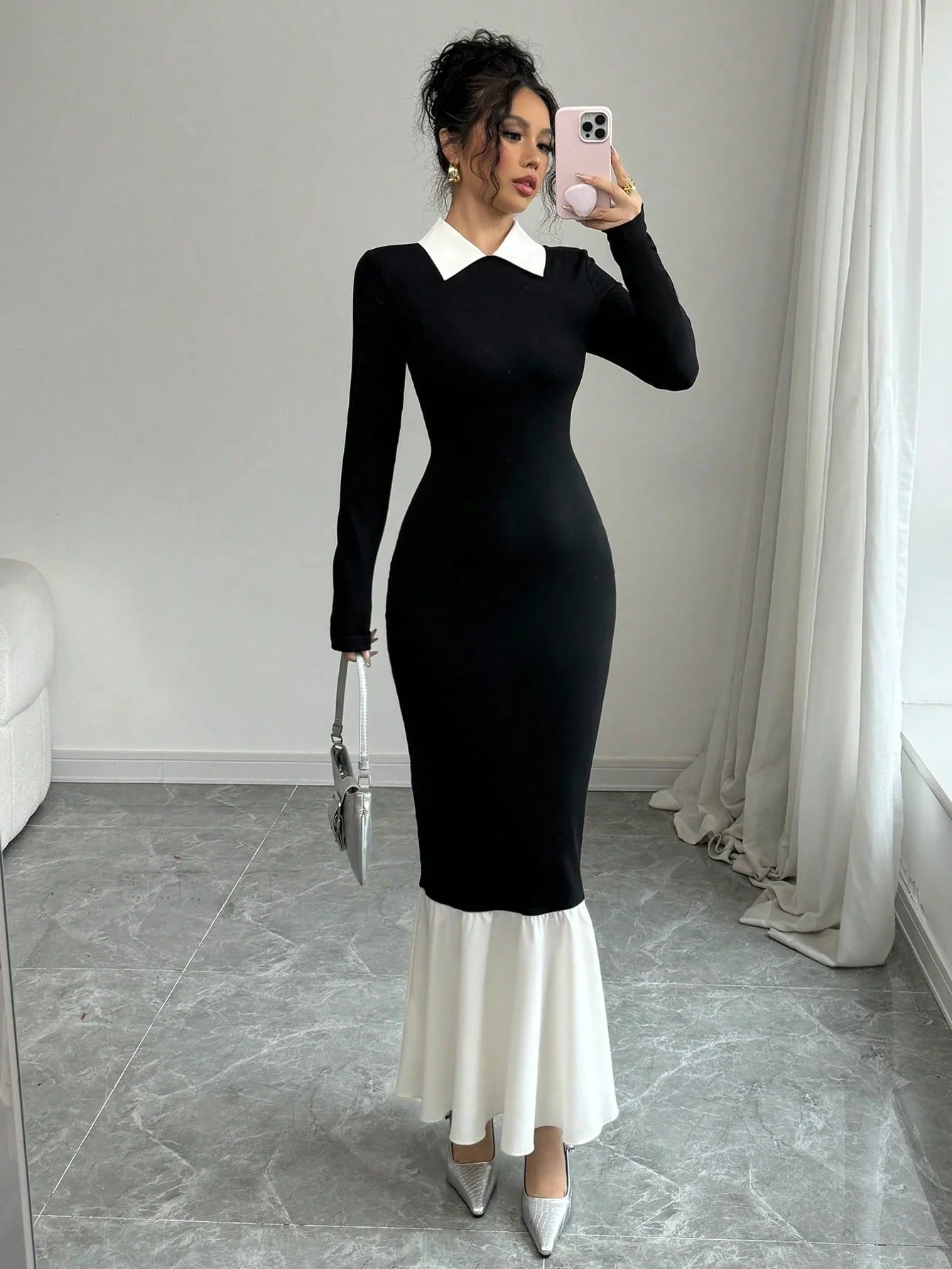 Women's Solid Color Contrast Collar Long Sleeve Slim Fit Dress - Image 3