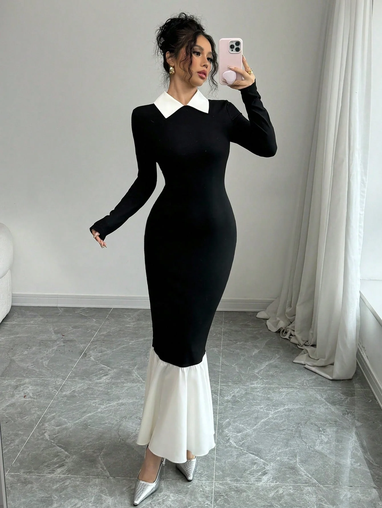 Women's Solid Color Contrast Collar Long Sleeve Slim Fit Dress - Image 4
