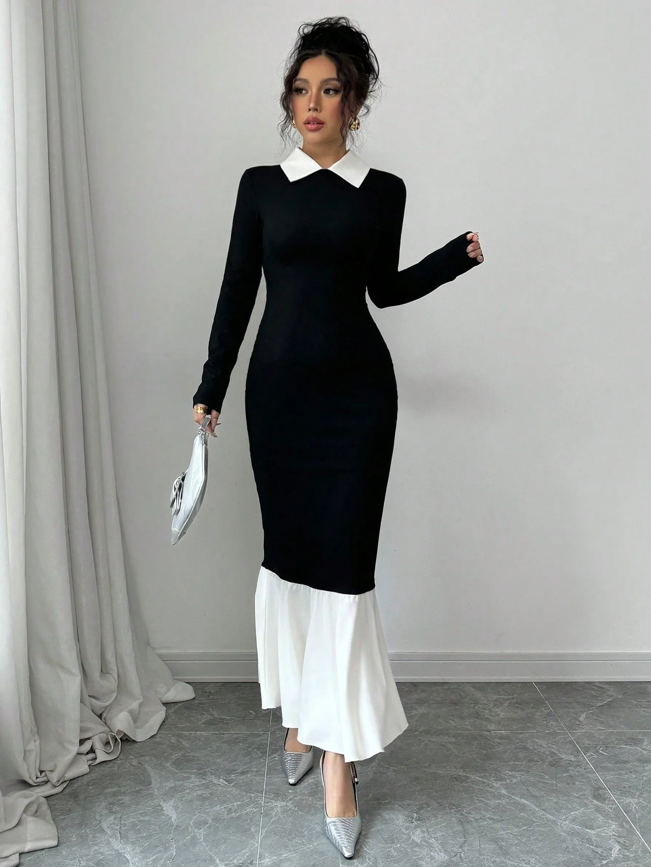 Women's Solid Color Contrast Collar Long Sleeve Slim Fit Dress - Image 5