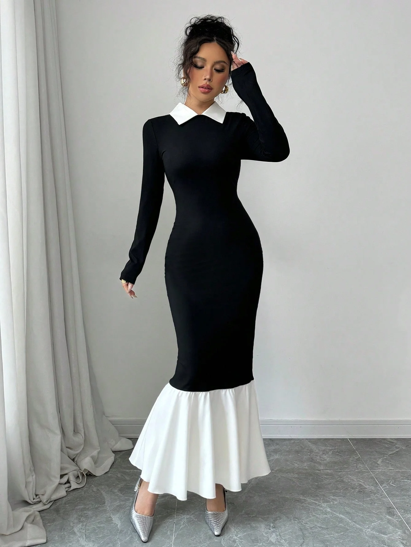 Women's Solid Color Contrast Collar Long Sleeve Slim Fit Dress - Image 6