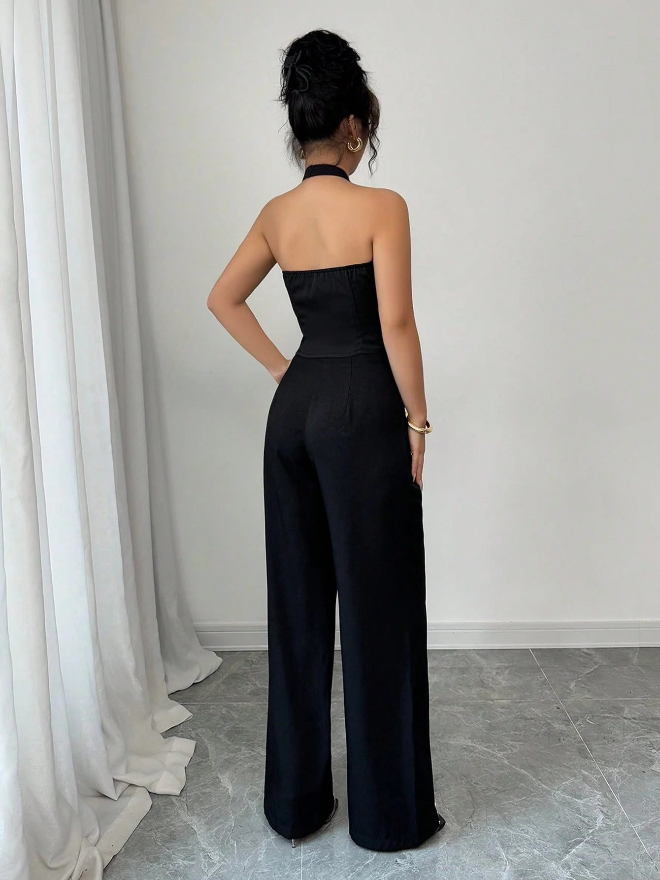 Women's Solid Color Front Button Up Backless Halter Top And Pants Two Piece Set - Image 2