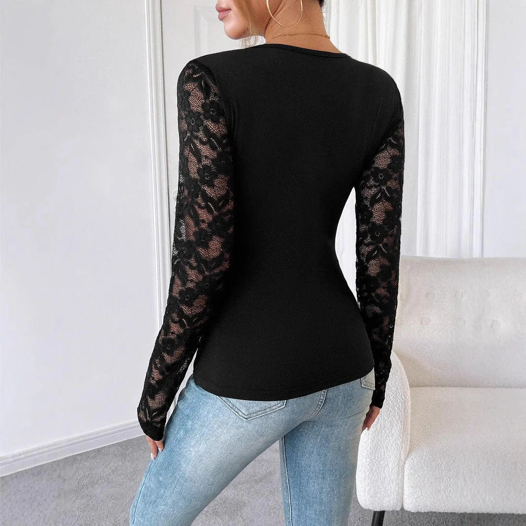 Women's solid color lace splicing long-sleeved slim T-shirt - Image 2