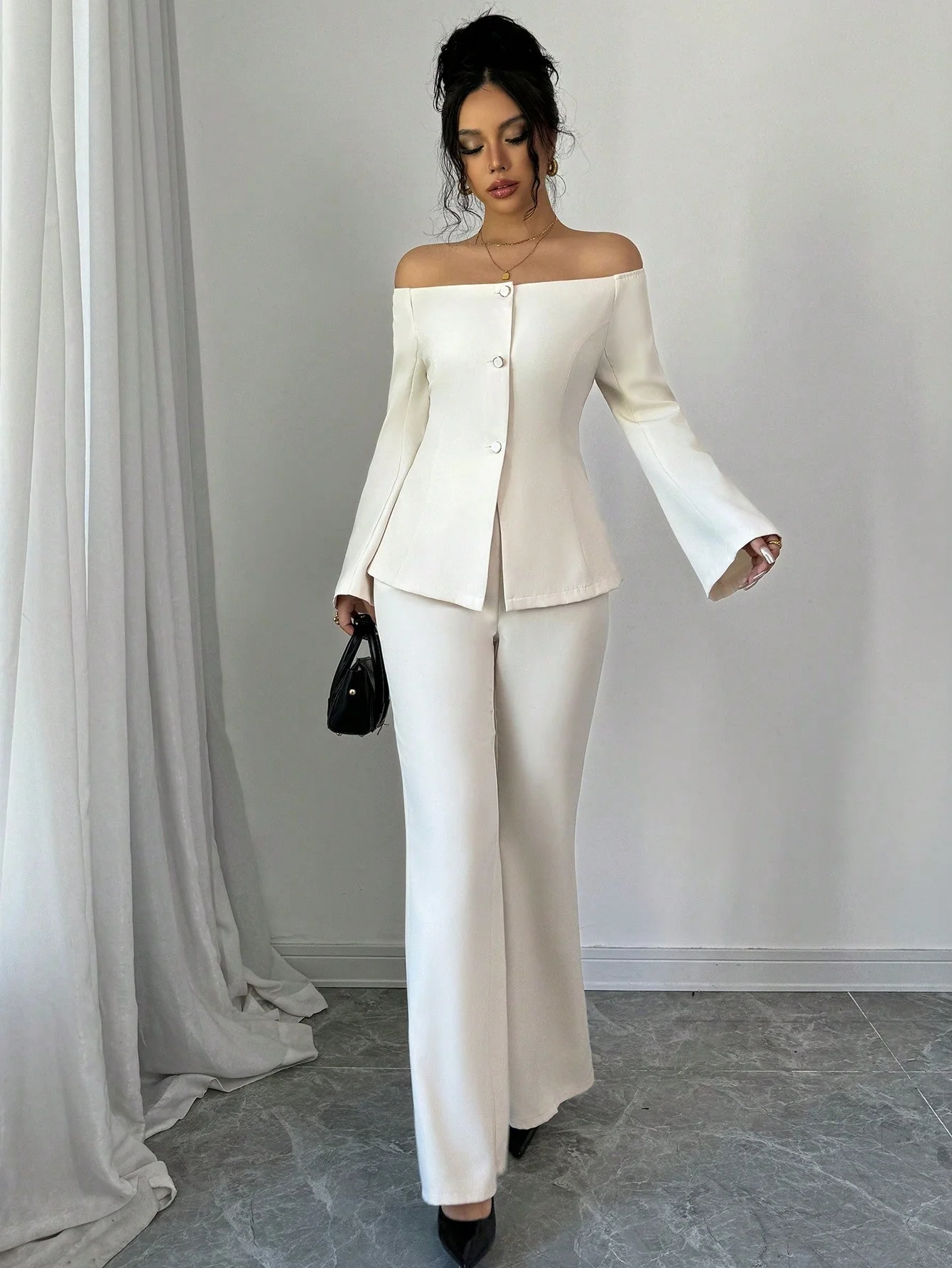 Women's Solid Color Off-Shoulder Flared Sleeve Single Breasted Top And Pants Elegant 2-Piece Set - Image 3