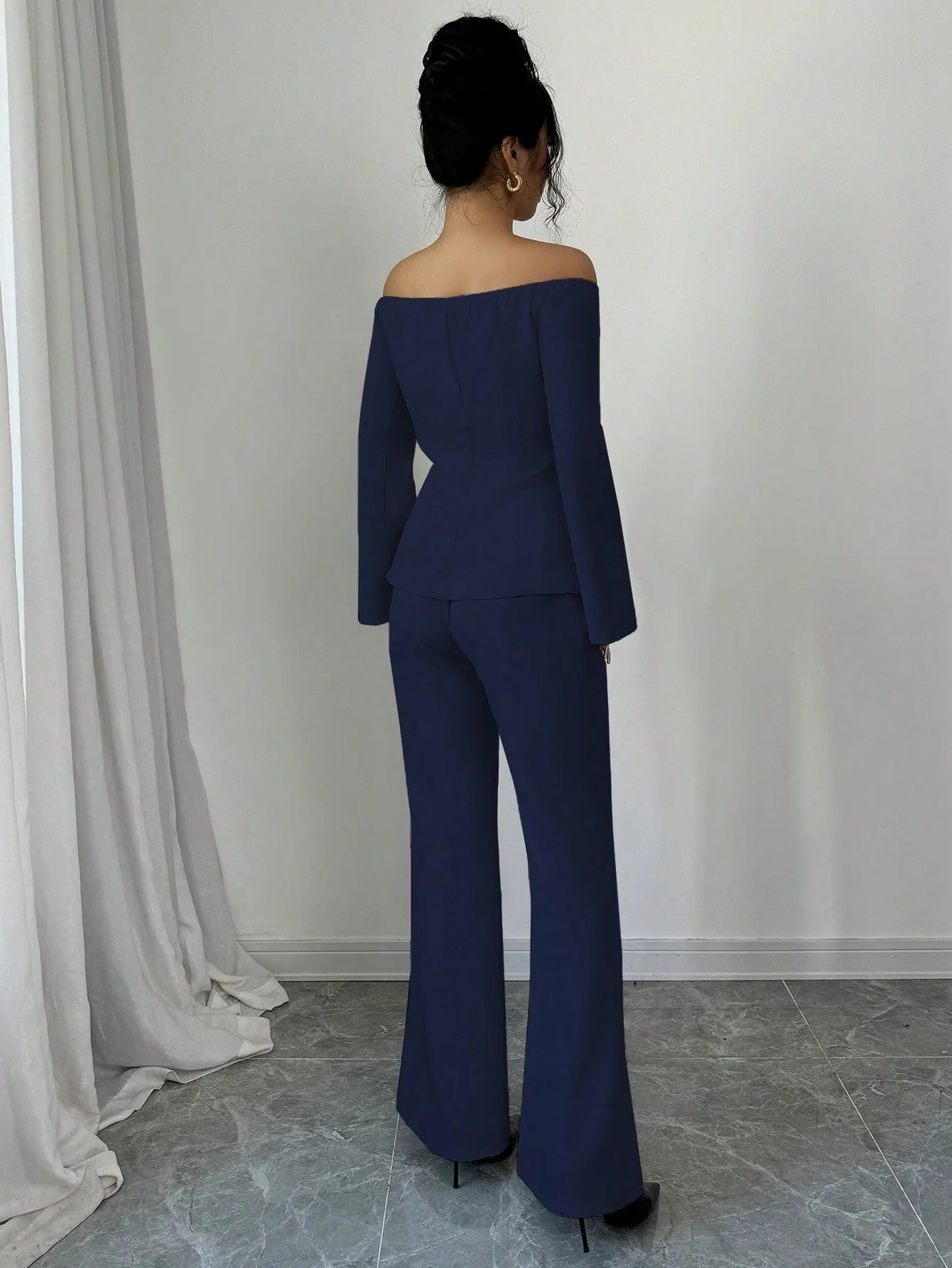 Women's Solid Color Off-Shoulder Flared Sleeve Single Breasted Top And Pants Elegant 2-Piece Set - Image 4