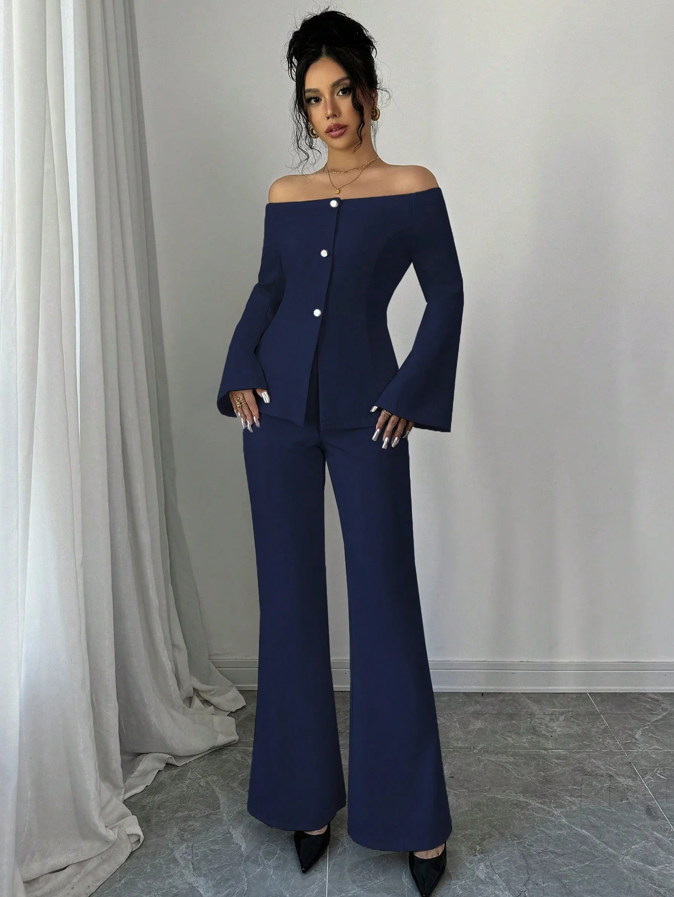 Women's Solid Color Off-Shoulder Flared Sleeve Single Breasted Top And Pants Elegant 2-Piece Set - Image 5
