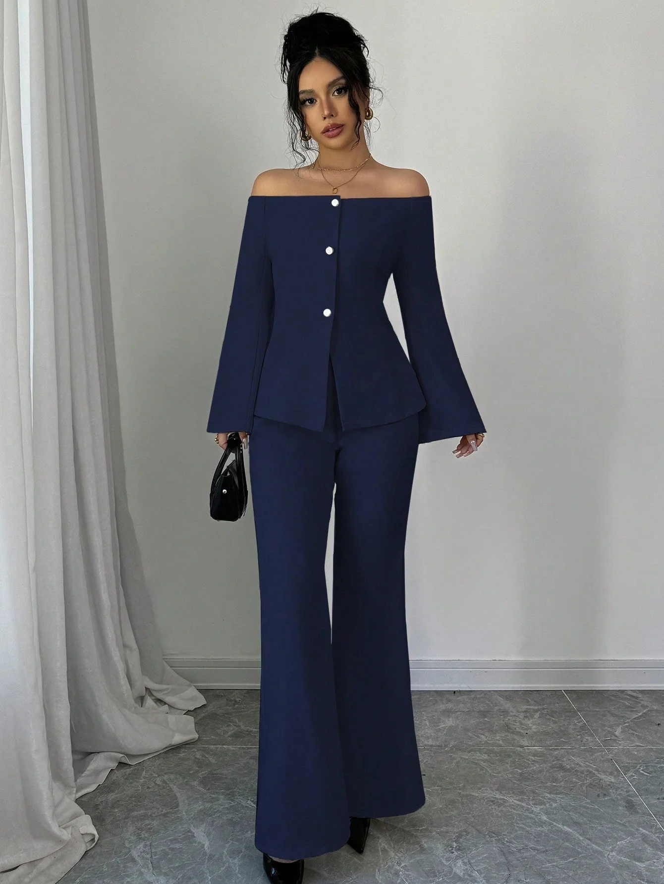 Women's Solid Color Off-Shoulder Flared Sleeve Single Breasted Top And Pants Elegant 2-Piece Set - Image 7