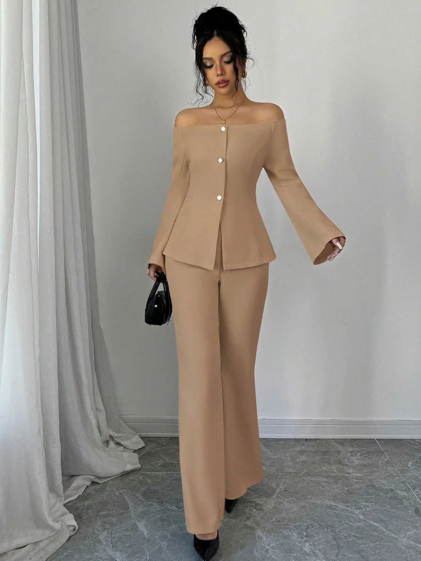 Women's Solid Color Off-Shoulder Flared Sleeve Single Breasted Top And Pants Elegant 2-Piece Set - Image 9
