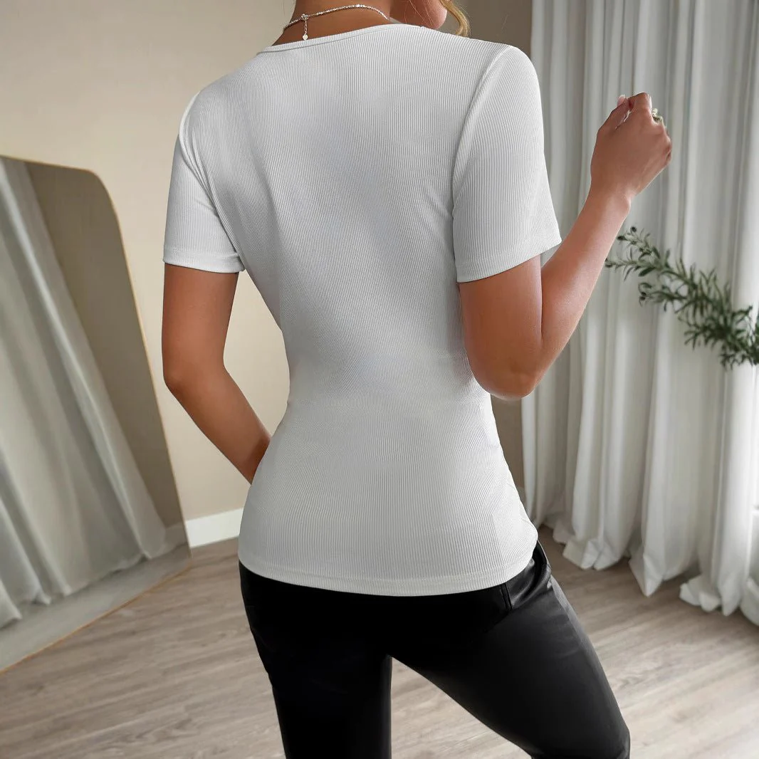 Women's solid color rhinestone patch slim short-sleeved women's T-shirt - Image 4