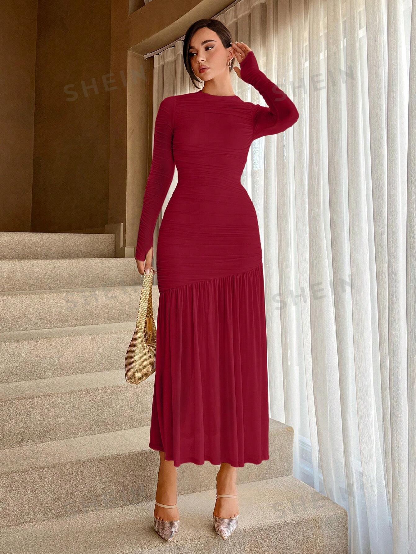 Women's Solid Color Round Neck Slim Fit Fishtail Hem Dress - Image 4