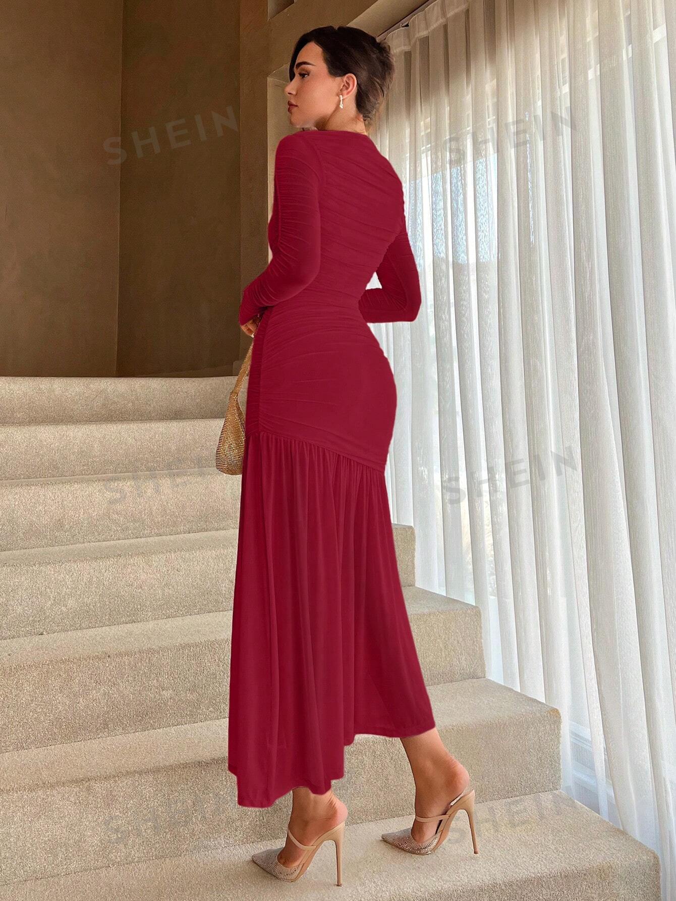 Women's Solid Color Round Neck Slim Fit Fishtail Hem Dress - Image 5