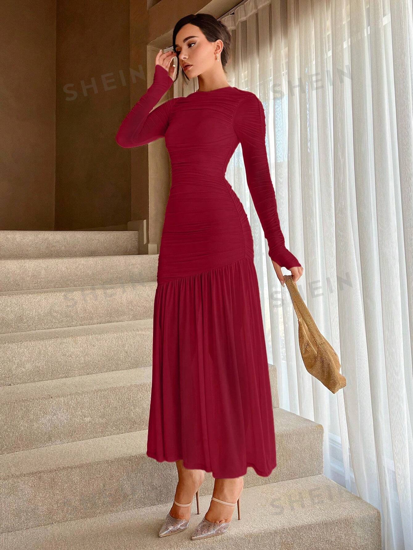 Women's Solid Color Round Neck Slim Fit Fishtail Hem Dress - Image 6