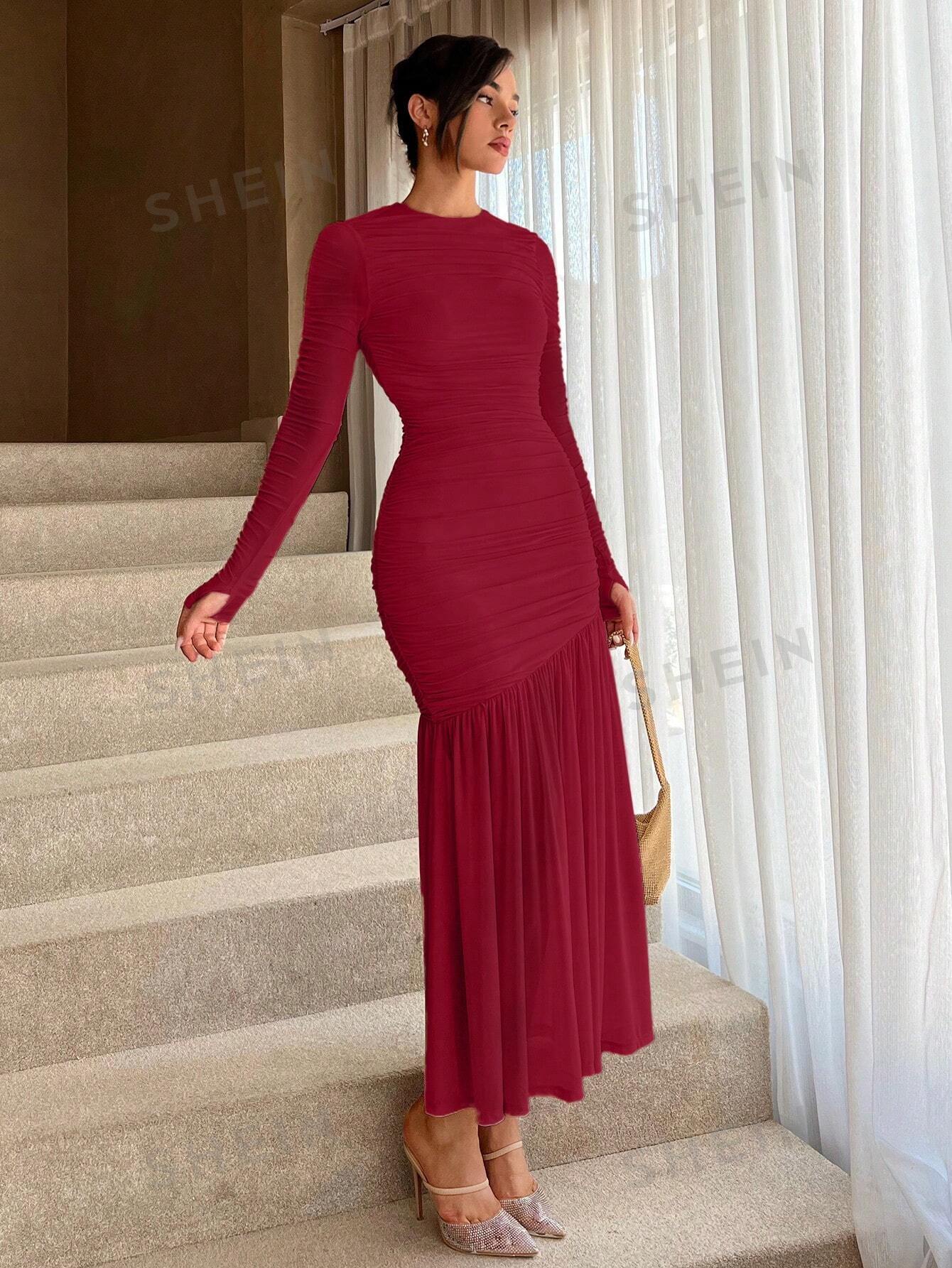 Women's Solid Color Round Neck Slim Fit Fishtail Hem Dress - Image 7