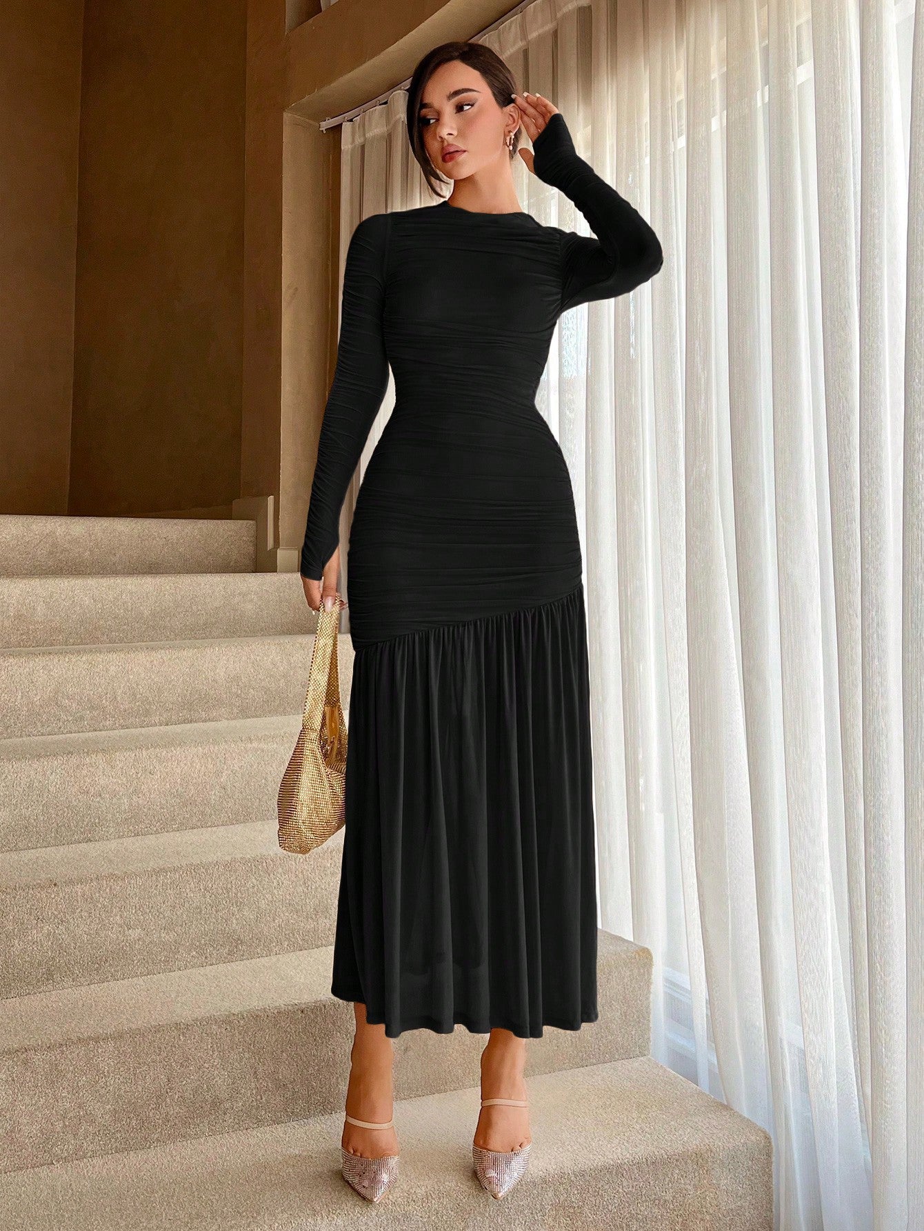 Women's Solid Color Round Neck Slim Fit Fishtail Hem Dress - Image 9