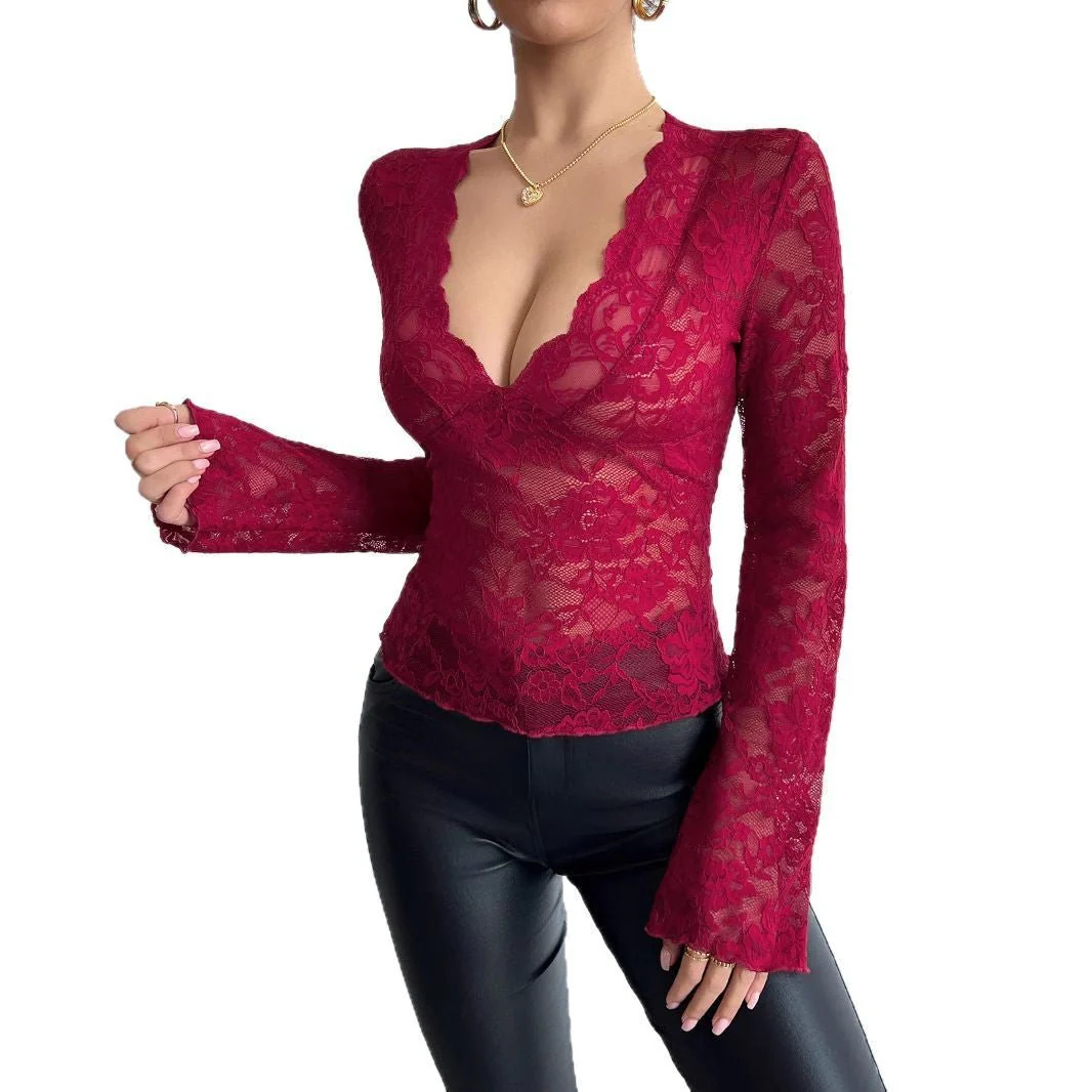 Women's solid color sexy lace slim V-neck long-sleeved T-shirt top - Image 5