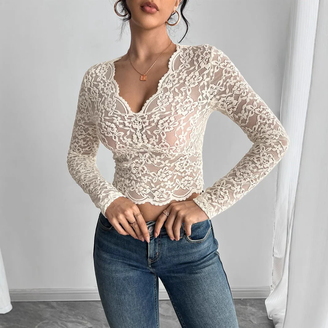 Women's solid color sexy lace V-neck long-sleeved T-shirt top - Image 2