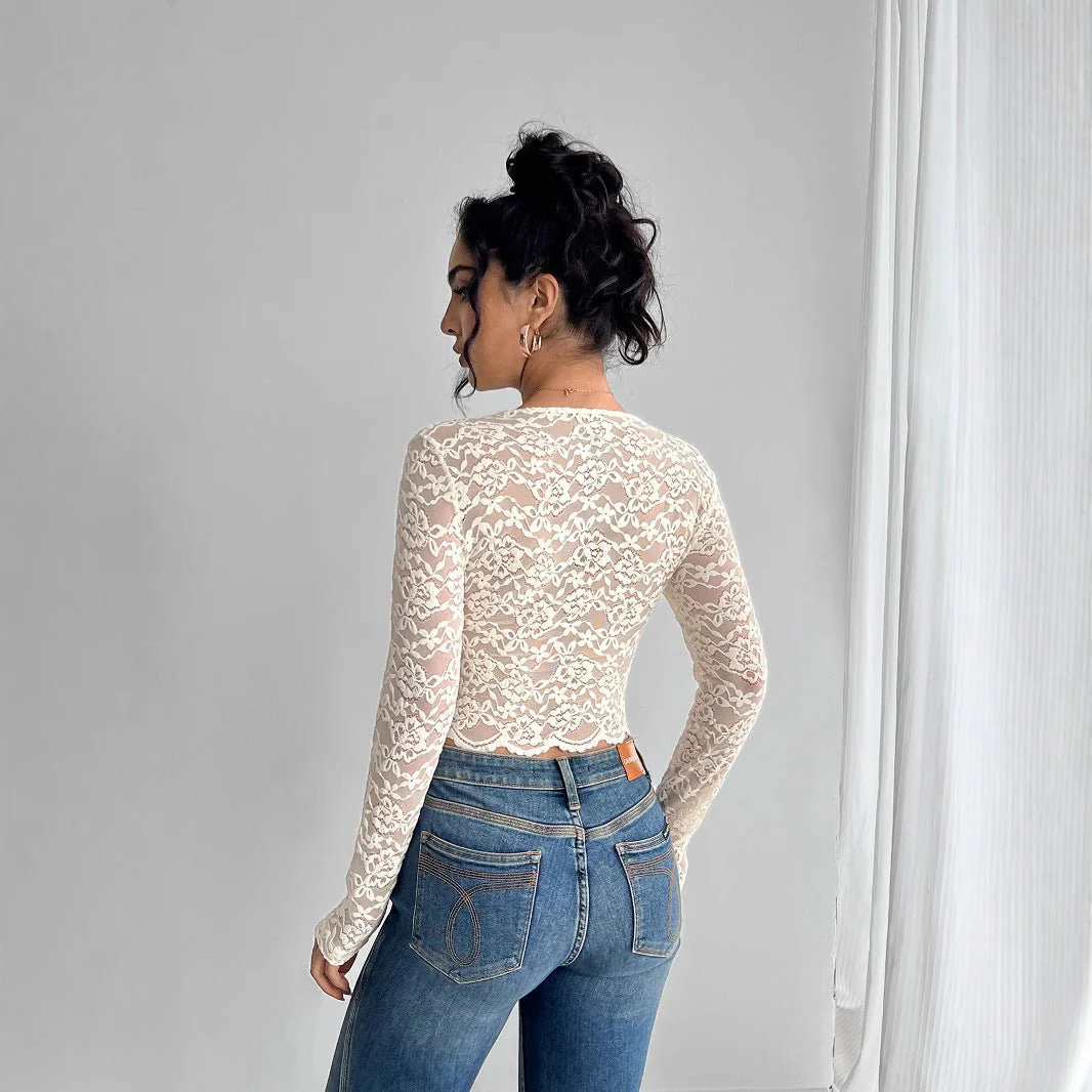 Women's solid color sexy lace V-neck long-sleeved T-shirt top - Image 3