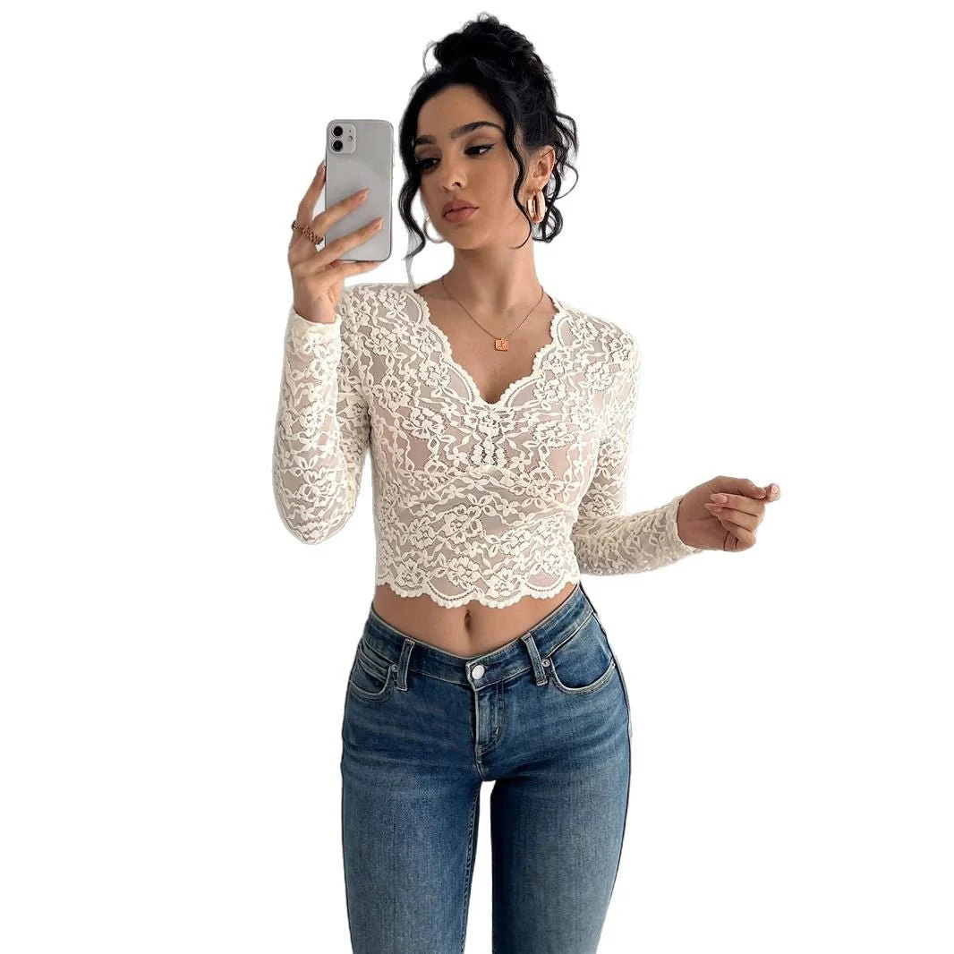 Women's solid color sexy lace V-neck long-sleeved T-shirt top - Image 5