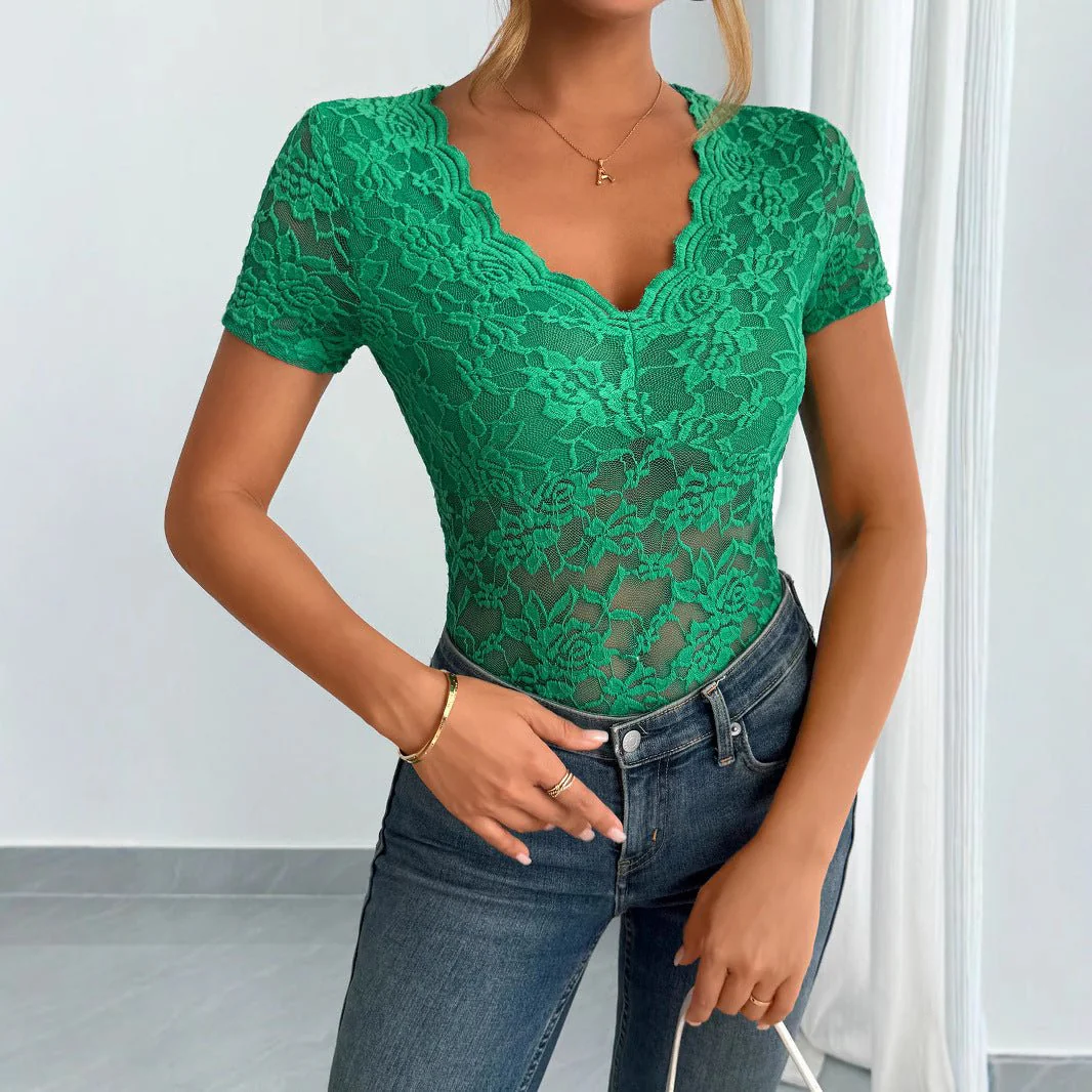 Women's solid color sexy lace V-neck short-sleeved lace bottoming shirt - Image 4