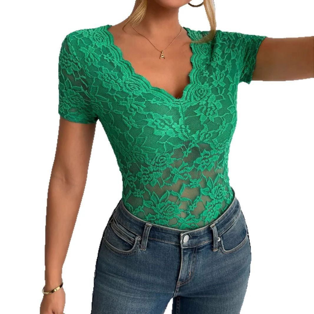 Women's solid color sexy lace V-neck short-sleeved lace bottoming shirt - Image 5