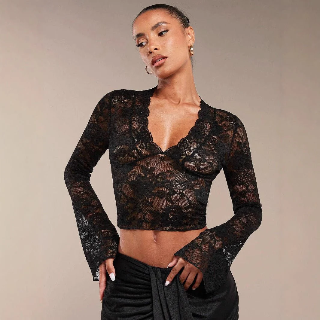 Women's solid color sexy transparent lace V-neck tight horn long-sleeved top