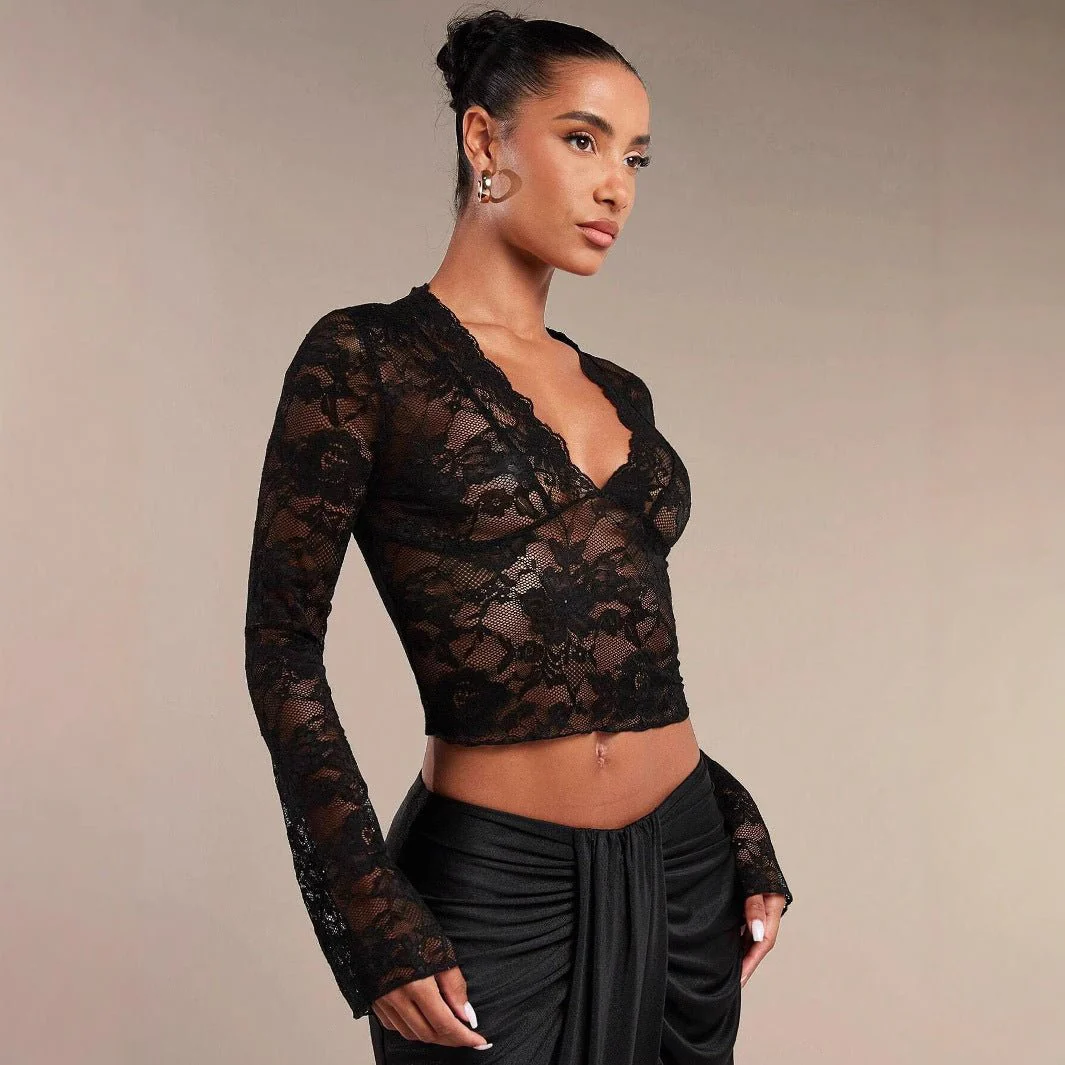 Women's solid color sexy transparent lace V-neck tight horn long-sleeved top - Image 2