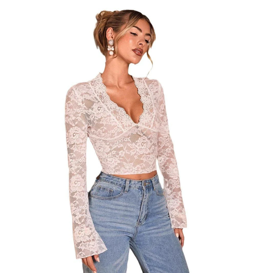 Women's solid color sexy transparent lace V-neck tight horn long-sleeved top - Image 5