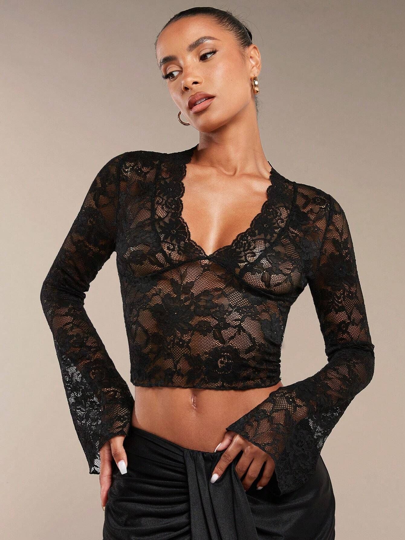 Women's solid color sexy transparent lace V-neck tight horn long-sleeved top - Image 6