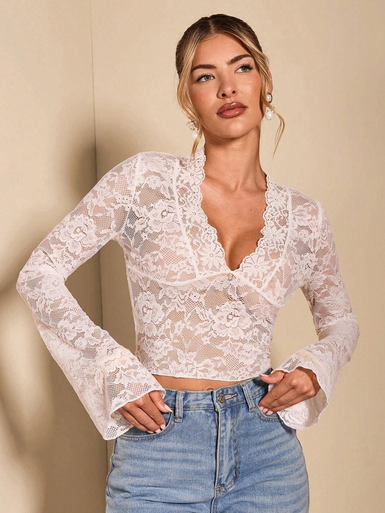 Women's solid color sexy transparent lace V-neck tight horn long-sleeved top - Image 7